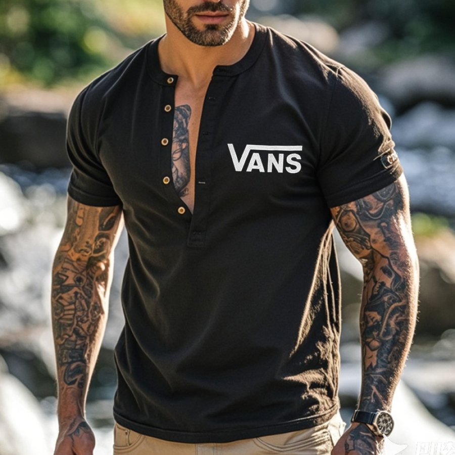 

Men's Vintage Cotton Off The Wall Print Henley T-Shirt Black