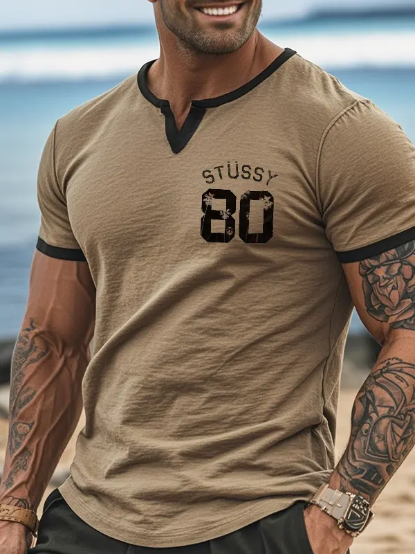 Men's Vintage V Neck Palm Trees Surfwalk 80 Print T-Shirt Khaki - Menwyx.com 