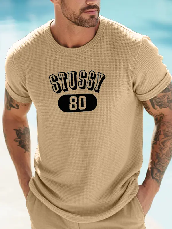 Men's Vintage Waffle Surfwalk 80 Graphic Print T-Shirt In Khaki - Menwyx.com 