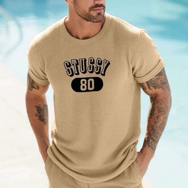 Men's Vintage Waffle Surfwalk 80 Graphic Print T-Shirt In Khaki - Ootdyouth.com 