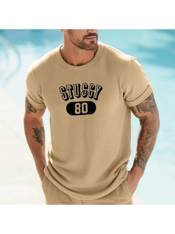 Men's Vintage Waffle Surfwalk 80 Graphic Print T-Shirt In Khaki - Ootdmw.com 