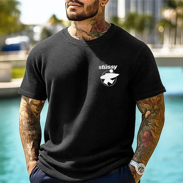 Men's Casual Waffle Surfwalk Print T-Shirt Black - Rabclub.com 
