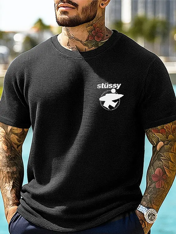 Men's Casual Waffle Surfwalk Print T-Shirt Black - Menwyx.com 