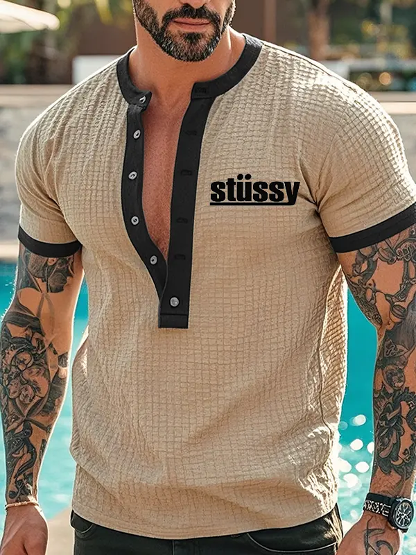 Men's Casual Seersucker Henley Color Block Shirt In Khaki - Menwyx.com 