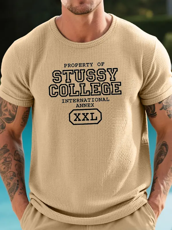 Men's Retro Waffle Surfwalk Graphic Logo Prints T-Shirt Khaki - Menwyx.com 
