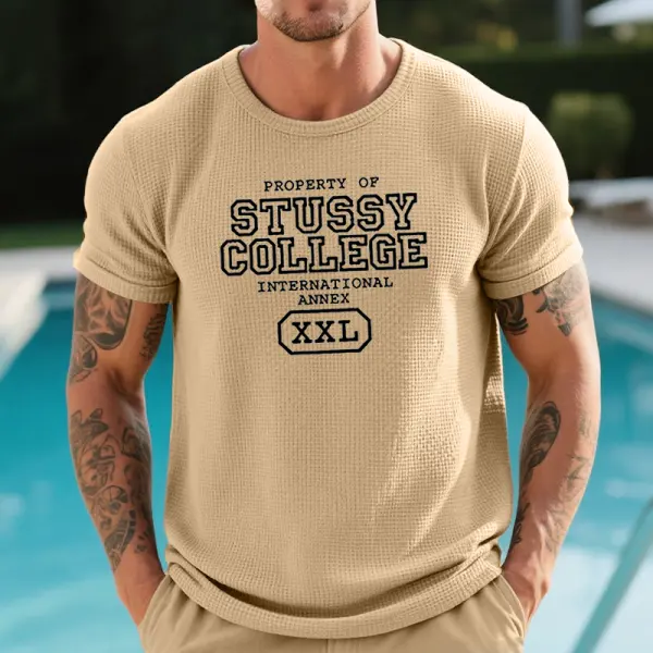 Men's Retro Waffle Surfwalk Graphic Logo Prints T-Shirt Khaki - Ootdyouth.com 