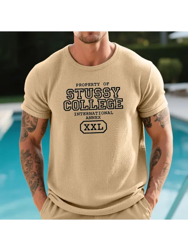 Men's Retro Waffle Surfwalk Graphic Logo Prints T-Shirt Khaki - Ootdmw.com 