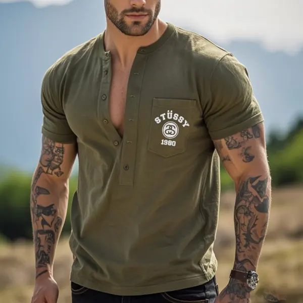 Men's Retro Surfwalk Print Pocket Henley T-Shirt Military Green - Wayrates.com 