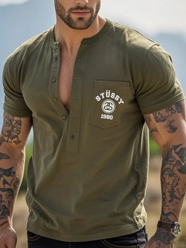Men's Retro Surfwalk Print Pocket Henley T-Shirt Military Green - Menwyx.com 