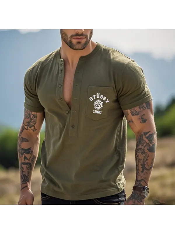 Men's Retro Surfwalk Print Pocket Henley T-Shirt Military Green - Ootdmw.com 
