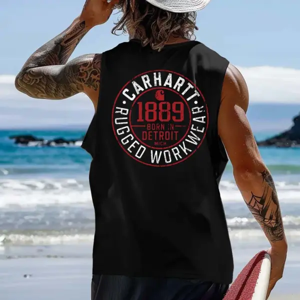 Men's Vintage Surfing 1889 Work Wear Graphic Print Round Neck Sleeveless Tank Top - Yesunshine.com 