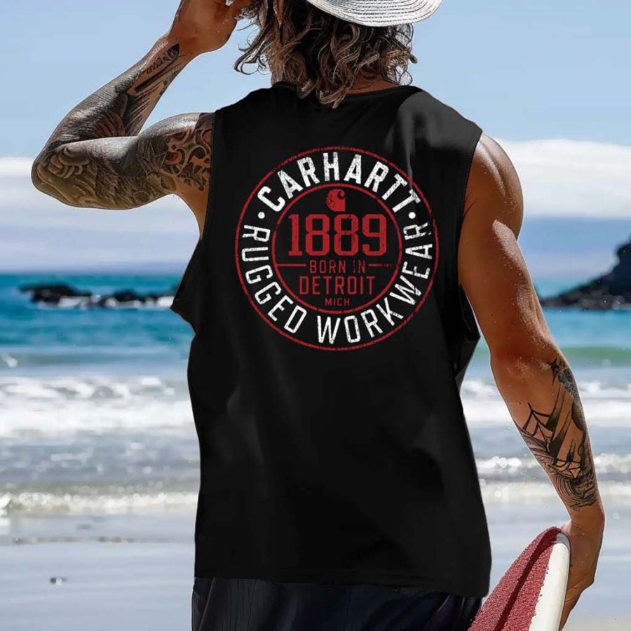

Men's Vintage Surfing 1889 Work Wear Graphic Print Round Neck Sleeveless Tank Top