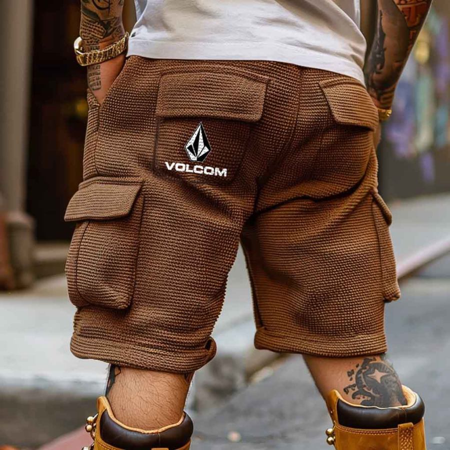 

Men's Vintage Waffle Knit Diamond Embroidery Surfing Multi-Pocket Boardshorts Cargo Shorts