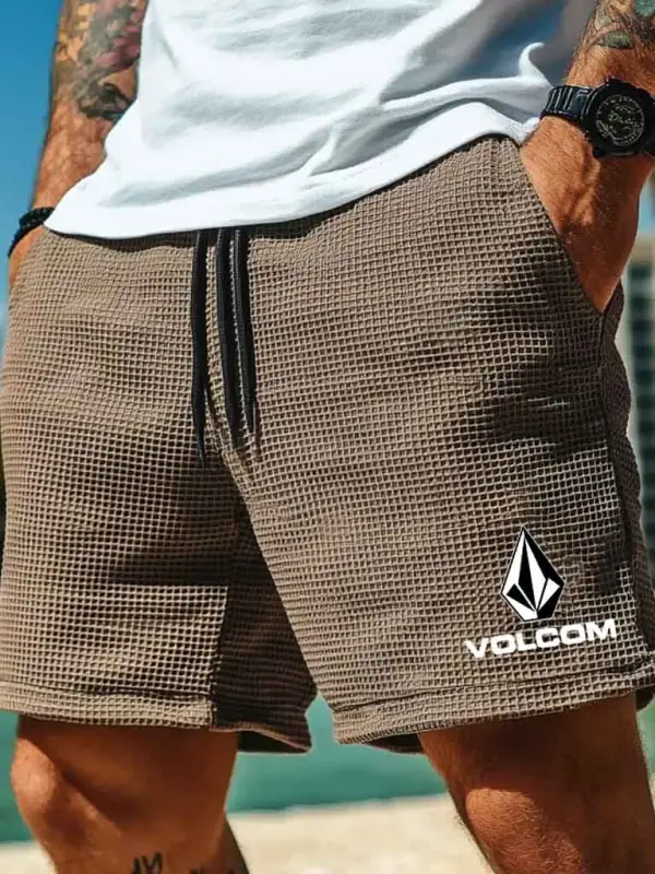 Men's Vintage Waffle Knit Surfing Diamond Brown Elastic Drawstring Walkshort Shorts - Simplyion.com 