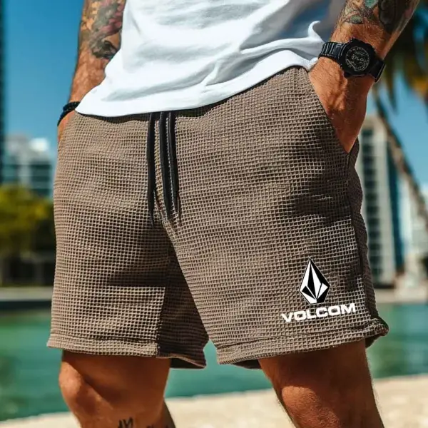 Men's Vintage Waffle Knit Surfing Diamond Brown Elastic Drawstring Walkshort Shorts - Ootdyouth.com 