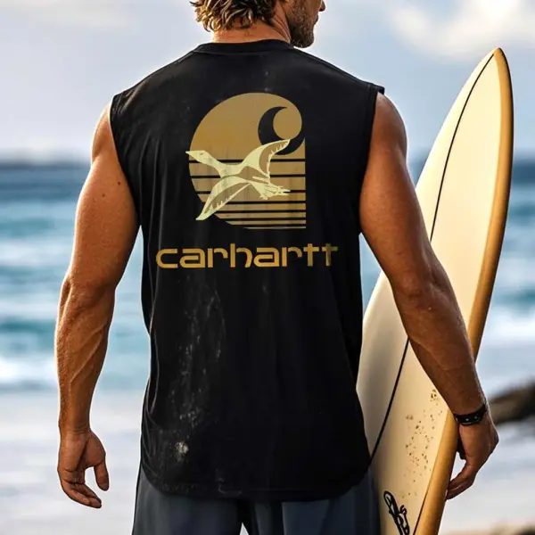 Men's Vintage Surfing Duck Graphic Print Round Neck Sleeveless Tank Top - Wayrates.com 