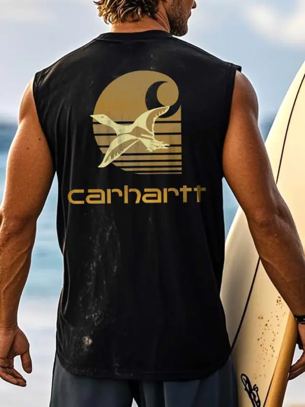 Men's Vintage Surfing Duck Graphic Print Round Neck Sleeveless Tank Top - Menwyx.com 