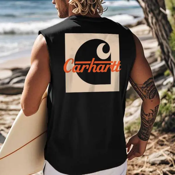 Men's Vintage Surfing Beach Print Round Neck Sleeveless Tank Top - Wayrates.com 