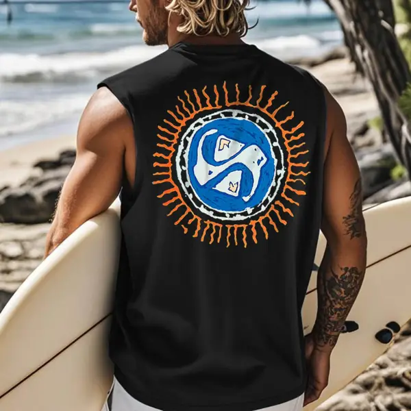 Men's Vintage Surfing Beach Graphic Print Round Neck Sleeveless Tank Top - Wayrates.com 