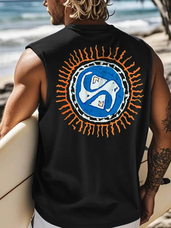 Men's Vintage Surfing Beach Graphic Print Round Neck Sleeveless Tank Top - Menwyx.com 