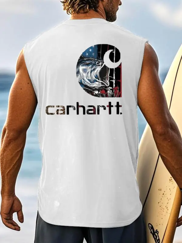 Men's Vintage Surfing Fishing American Flag Graphic Print Round Neck Sleeveless Tank Top - Menwyx.com 