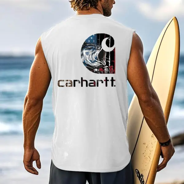 Men's Vintage Surfing Fishing American Flag Graphic Print Round Neck Sleeveless Tank Top - Ootdyouth.com 