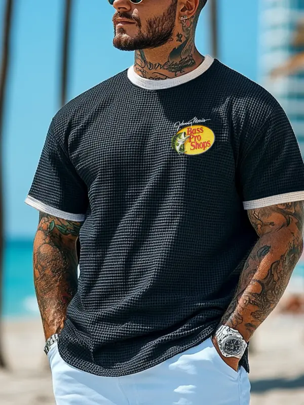 Men's Vintage Fish Print Waffle Knit Surf Black Short Sleeve Crew Neck T-Shirt - Pragmaace.com 
