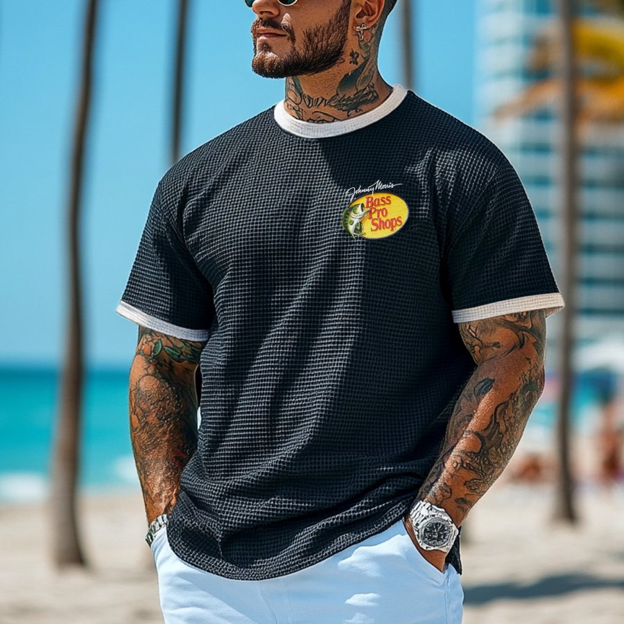 

Men's Vintage Fish Print Waffle Knit Surf Black Short Sleeve Crew Neck T-Shirt