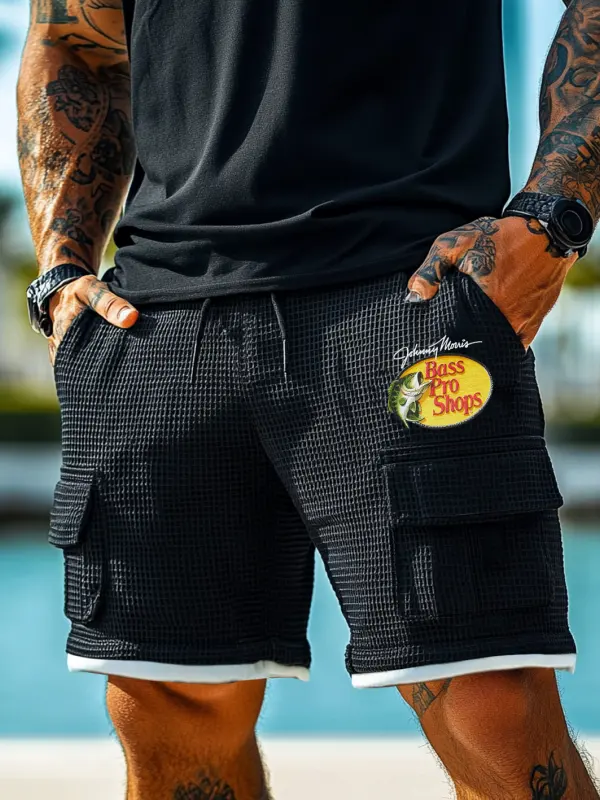 Men's Vintage Fish Print Black Waffle Fabric Patchwork Knit Pockets Surf Elastic Drawstring Shorts - Pragmaace.com 
