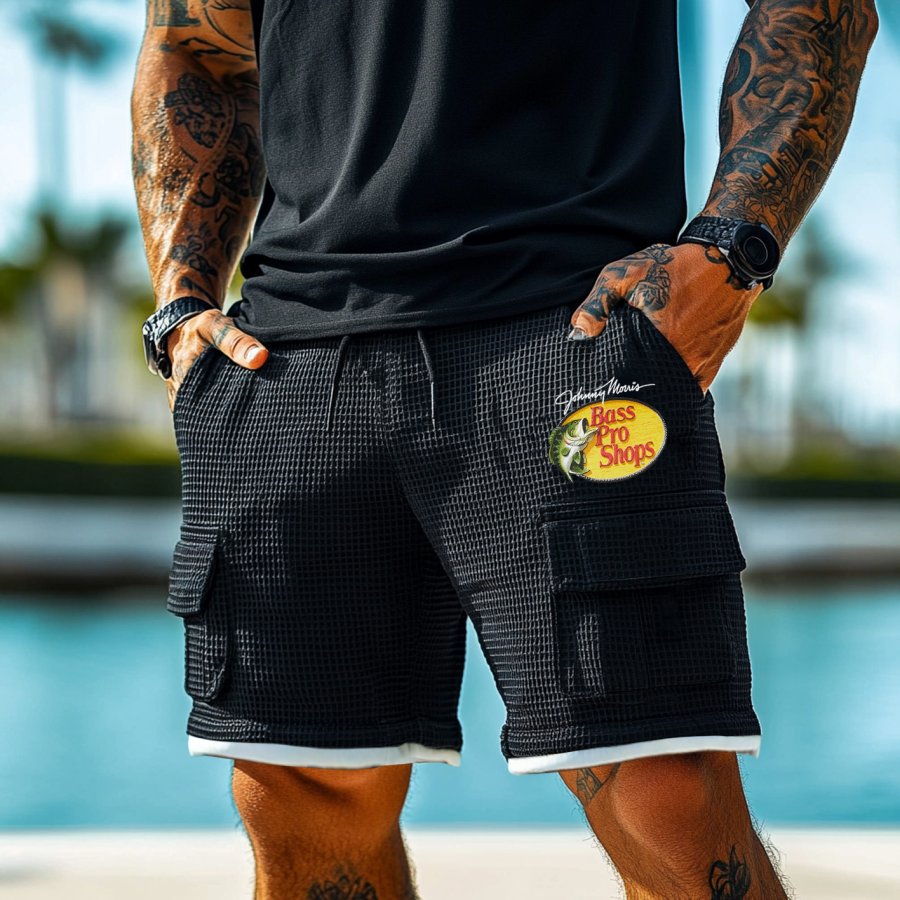 

Men's Vintage Fish Print Black Waffle Fabric Patchwork Knit Pockets Surf Elastic Drawstring Shorts