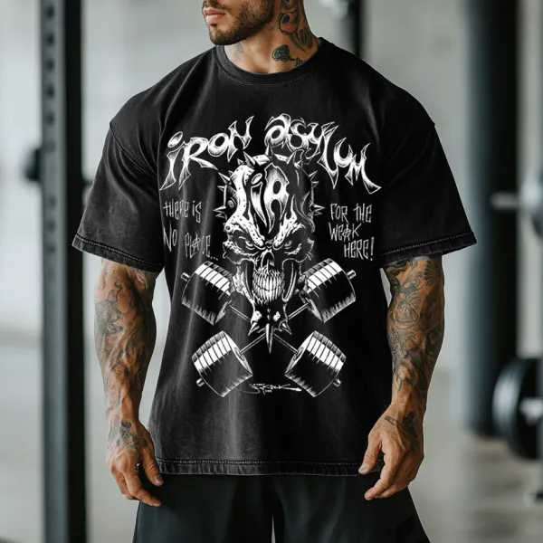 Retro Gym Iron Asylum Skull Graphics Acid Washed T-shirt - Menzfolk.com 