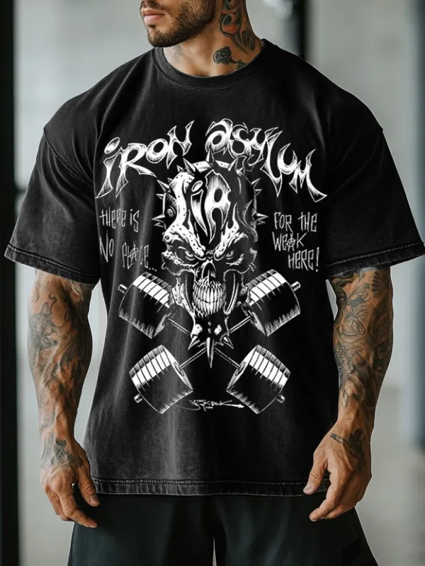 Retro Gym Iron Asylum Skull Graphics Acid Washed T-shirt - Pragmaace.com 