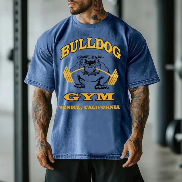 Retro Gym Bulldog Graphics Washed T-shirt - Wayrates.com 