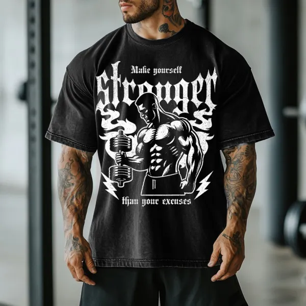 Retro Gym Make Yourself Stronger Acid Washed T-shirt - Menzfolk.com 