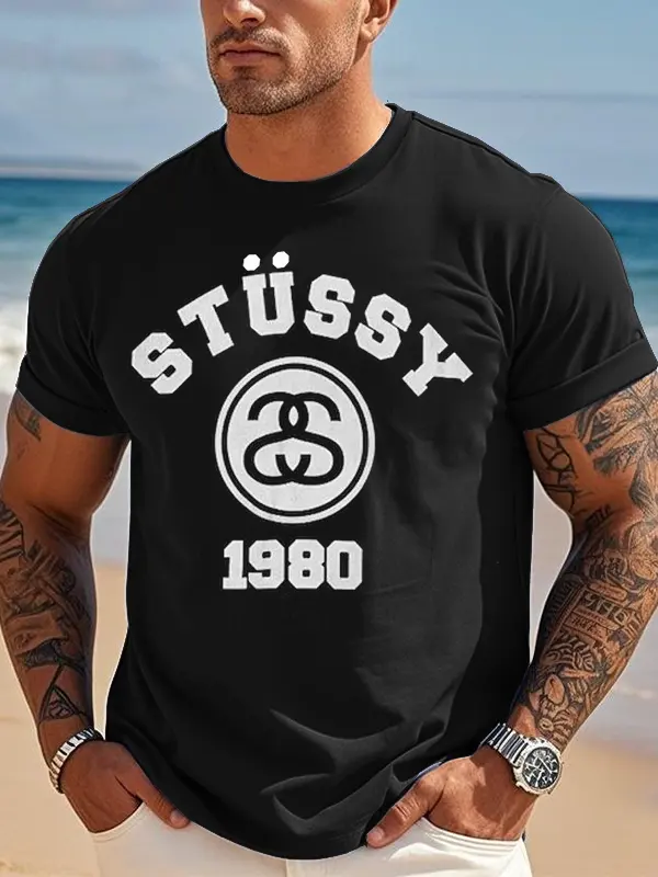 Stussy Men's Vintage Casual Surfwalk College 80 Print Crew Neck T Shirt - Menwyx.com 