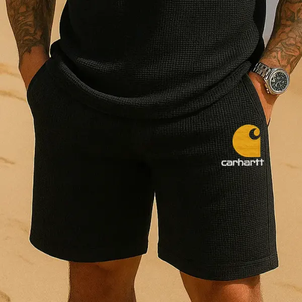 Men's Casual Waffle Embroidered LOGO Shorts Black - Rabclub.com 