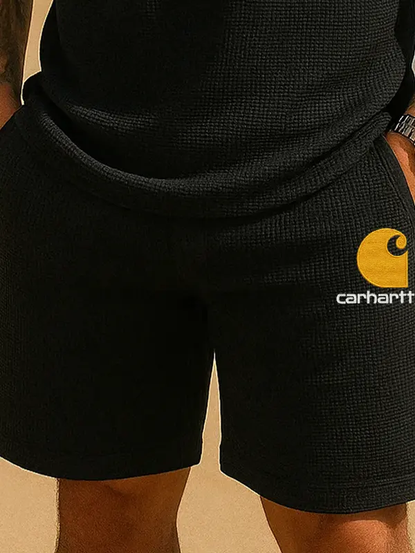 Men's Casual Waffle Embroidered LOGO Shorts Black - Menwyx.com 