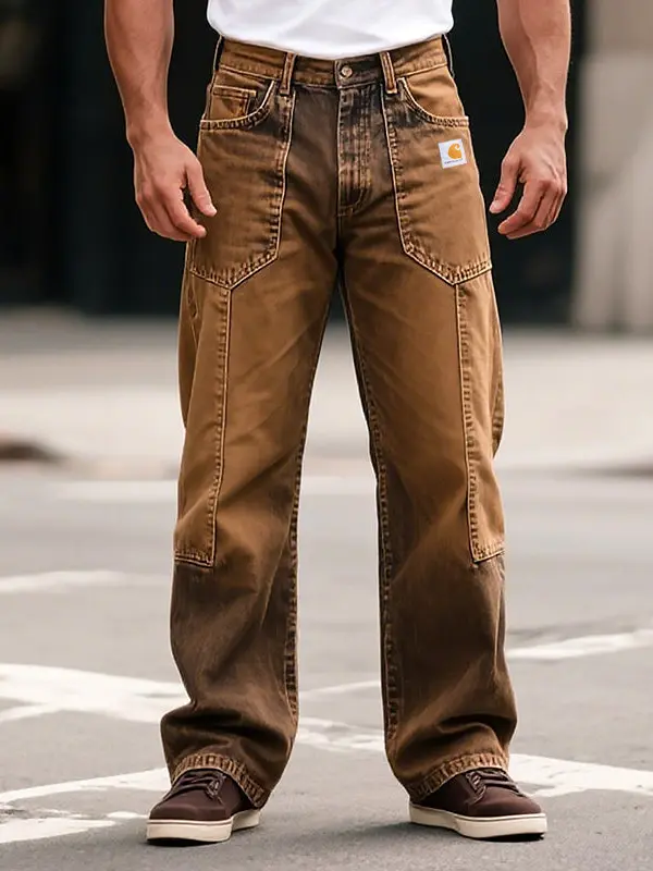 Men's Vintage Brown Denim Washed Distressed Straight-Leg Pants Jeans With Patch Pockets - Menwyx.com 