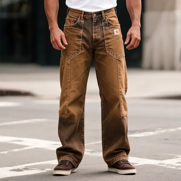 Men's Vintage Brown Denim Washed Distressed Straight-Leg Pants Jeans With Patch Pockets - Ootdyouth.com 