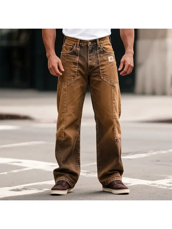 Men's Vintage Brown Denim Washed Distressed Straight-Leg Pants Jeans With Patch Pockets - Ootdmw.com 