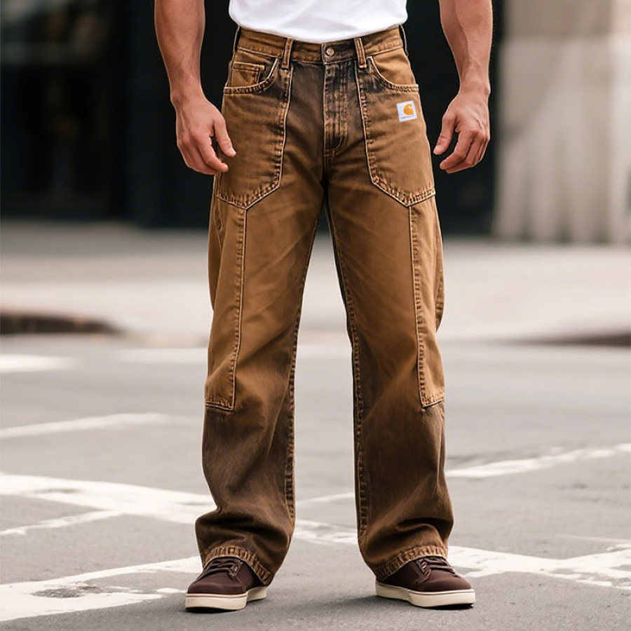 

Men's Vintage Brown Denim Washed Distressed Straight-Leg Pants Jeans With Patch Pockets