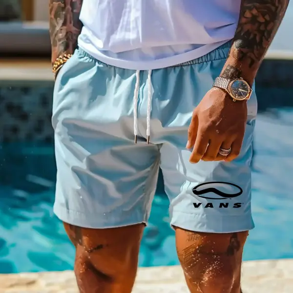 Men's Vintage Surfing Light Blue Elastic Drawstring Walkshort Shorts Boardshorts - Ootdyouth.com 