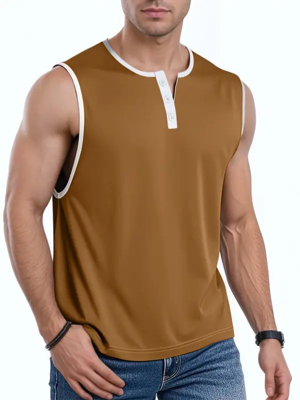 Men's Outdoor Henley Collar Contrast Sleeveless Tank Top - Menwyx.com 