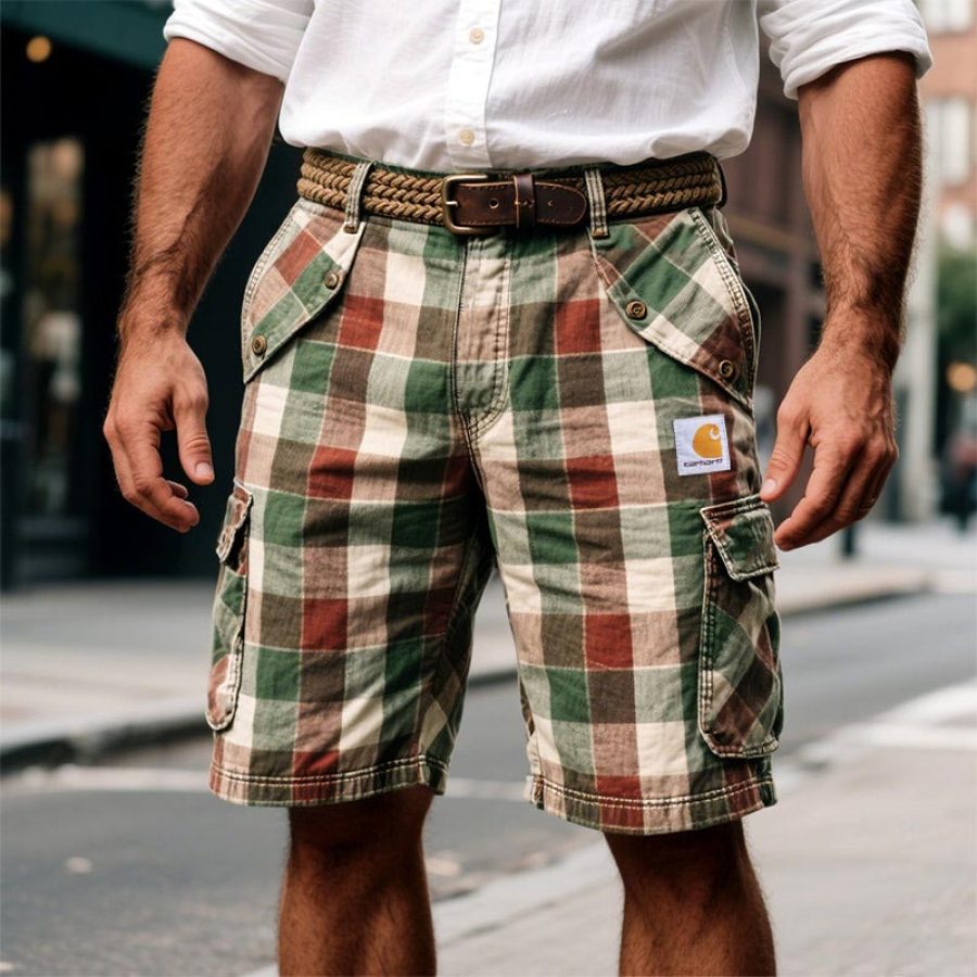 

Men's Vintage Plaid Surfing Multi-Pocket Walkshort Cargo Shorts Outdoor Boardshorts
