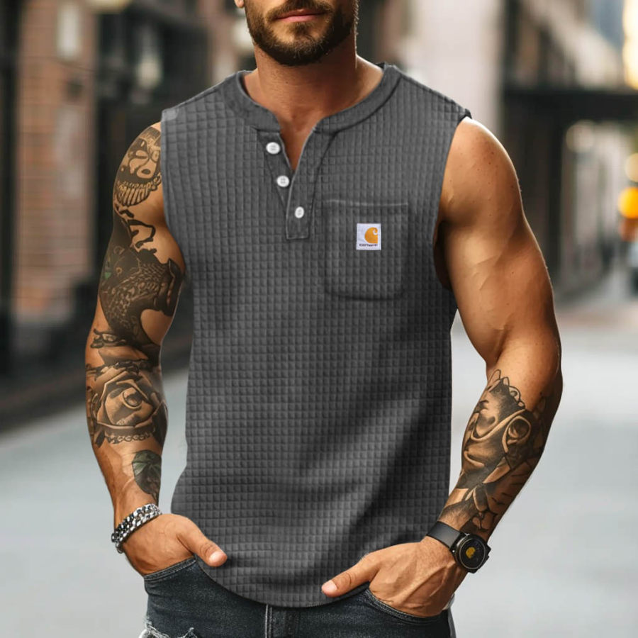 

Men's Vintage Waffle Pattern Henley Collar Chest Pocket Sleeveless Tank Top