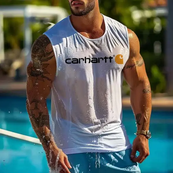 Men's Vintage Surfing Print Round Neck Sleeveless Tank Top - Ootdyouth.com 