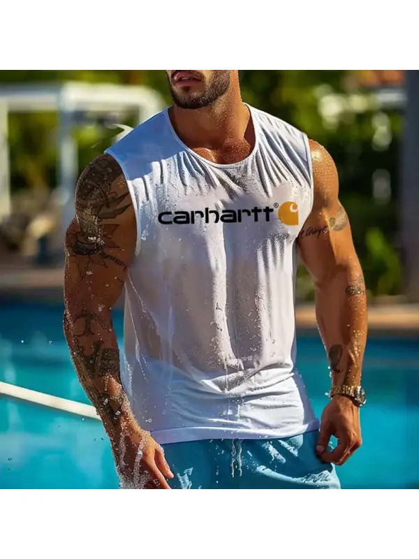 Men's Vintage Surfing Print Round Neck Sleeveless Tank Top - Ootdmw.com 