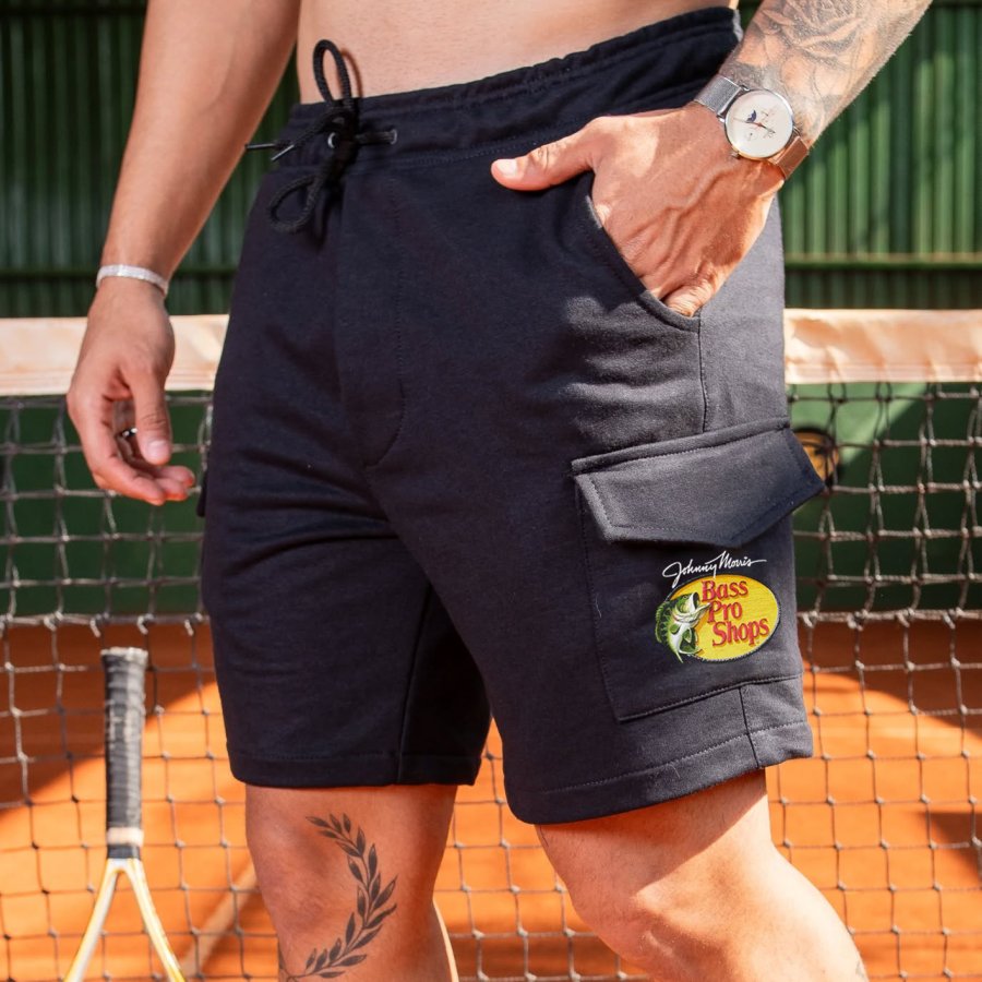 

Men's Vintage Fish Print Black Fabric Patchwork Knit Pockets Surf Sweatshorts
