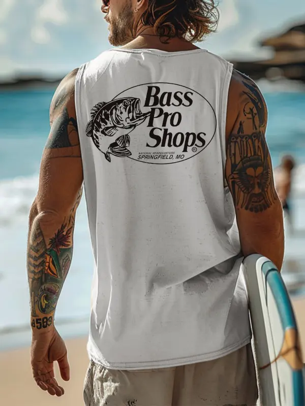 Men's Vintage Surfing Oversized Fish Print Tank Top - Pragmaace.com 