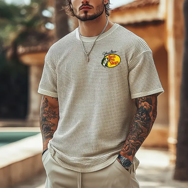 Men's Vintage Fish Print Waffle Fabric Knit Lightweight T-Shirt - Perfect For Summer Outdoors - Rabclub.com 